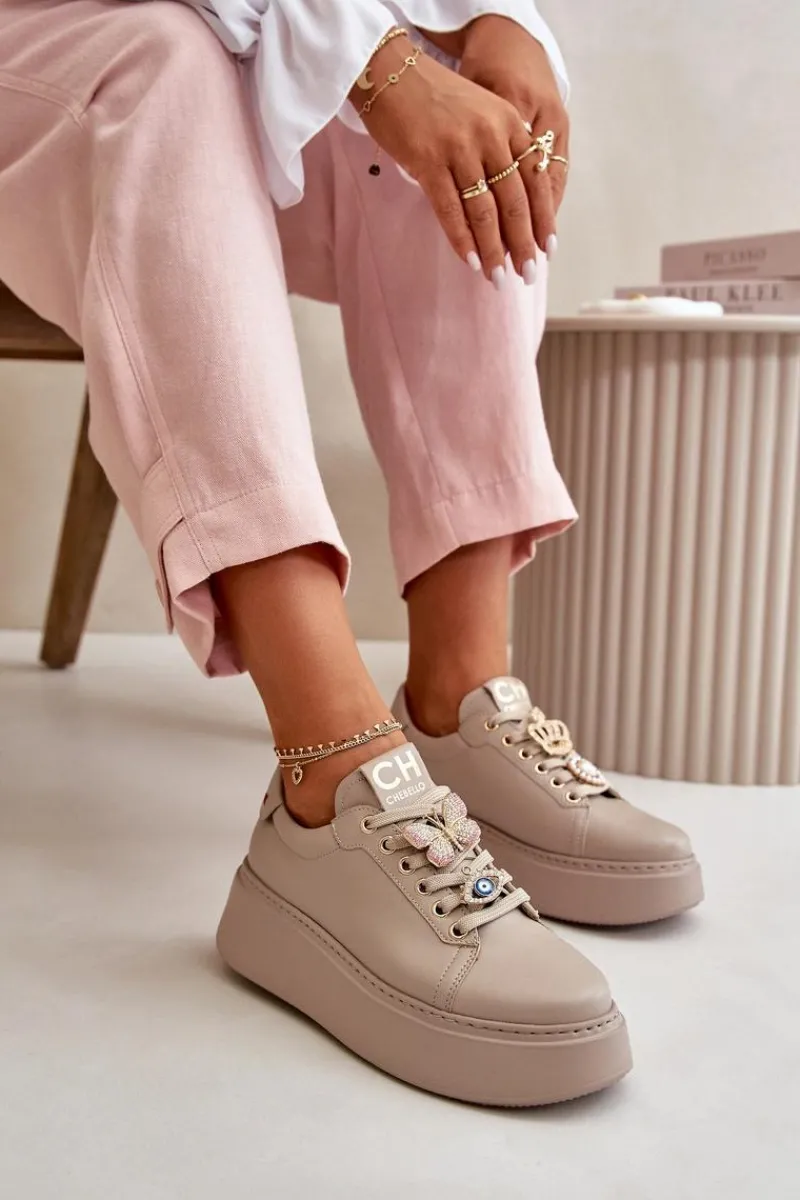 Buty Sportowe Na Platformie>CheBello Damskie Skórzane Sneakersy Na Platformie Z Ozdobami 4585 Beżowe