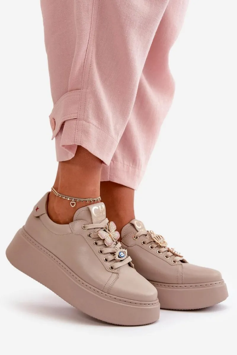 Buty Sportowe Na Platformie>CheBello Damskie Skórzane Sneakersy Na Platformie Z Ozdobami 4585 Beżowe