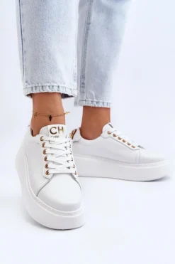 Damskie Skórzane Sneakersy Na Platformie 4367 Białe Damskie Buty Sportowe Na Platformie