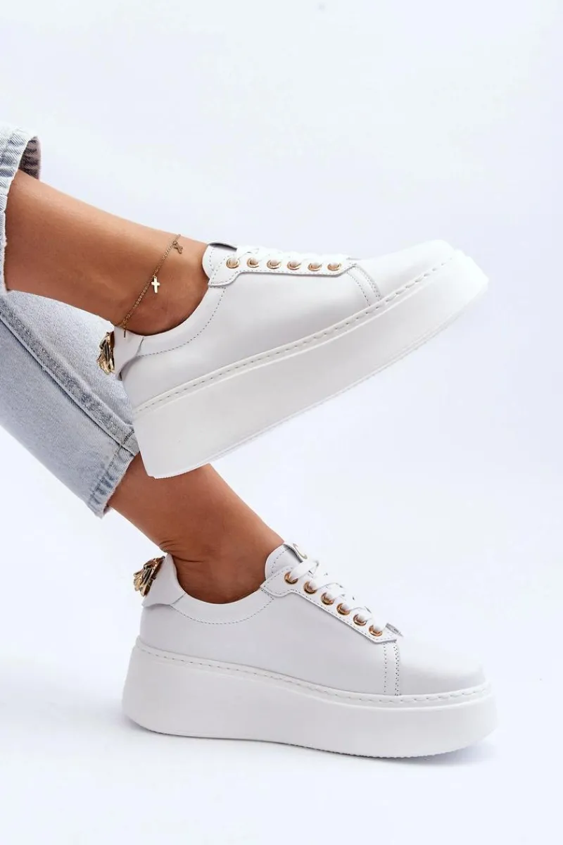 Damskie Skórzane Sneakersy Na Platformie 4367 Białe Damskie Buty Sportowe Na Platformie