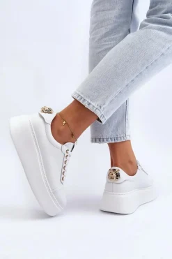 Damskie Skórzane Sneakersy Na Platformie 4367 Białe Damskie Buty Sportowe Na Platformie