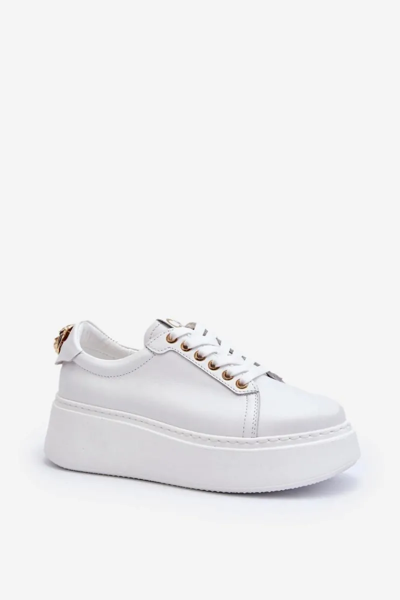 Damskie Skórzane Sneakersy Na Platformie 4367 Białe Damskie Buty Sportowe Na Platformie