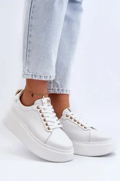 Damskie Skórzane Sneakersy Na Platformie 4367 Białe Damskie Buty Sportowe Na Platformie