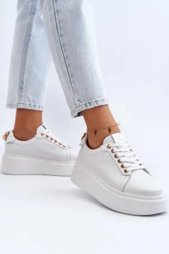Damskie Skórzane Sneakersy Na Platformie 4367 Białe Damskie Buty Sportowe Na Platformie