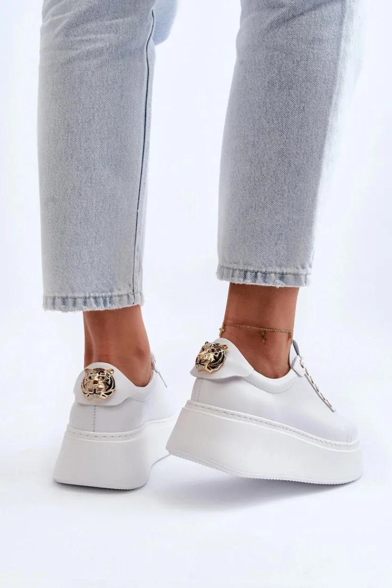 Damskie Skórzane Sneakersy Na Platformie 4367 Białe Damskie Buty Sportowe Na Platformie