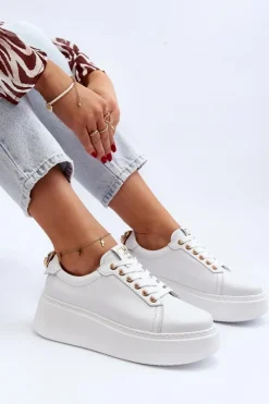 Damskie Skórzane Sneakersy Na Platformie 4367 Białe Damskie Buty Sportowe Na Platformie