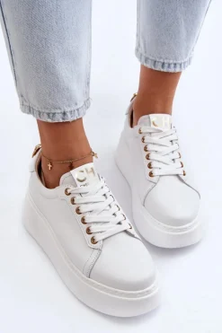 Damskie Skórzane Sneakersy Na Platformie 4367 Białe Damskie Buty Sportowe Na Platformie