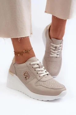 Online Damskie Skórzane Sneakersy Na Koturnie Beżowe S.Barski LR810 Damskie Sneakersy Damskie