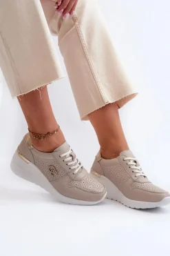 Online Damskie Skórzane Sneakersy Na Koturnie Beżowe S.Barski LR810 Damskie Sneakersy Damskie