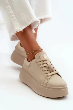 Damskie Skórzane Sneakersy Na Platformie Z Misiem Beżowe Vinceza 66641 Damskie Sneakersy Damskie