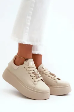 Damskie Skórzane Sneakersy Na Platformie Z Misiem Beżowe Vinceza 66641 Damskie Sneakersy Damskie