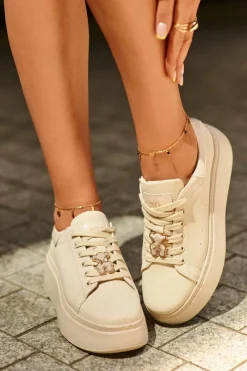 Damskie Skórzane Sneakersy Na Platformie Z Misiem Beżowe Vinceza 66641 Damskie Sneakersy Damskie