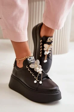Clearance CheBello Damskie Skórzane Sneakersy Na Platformie Z Motylem 4585 Czarne