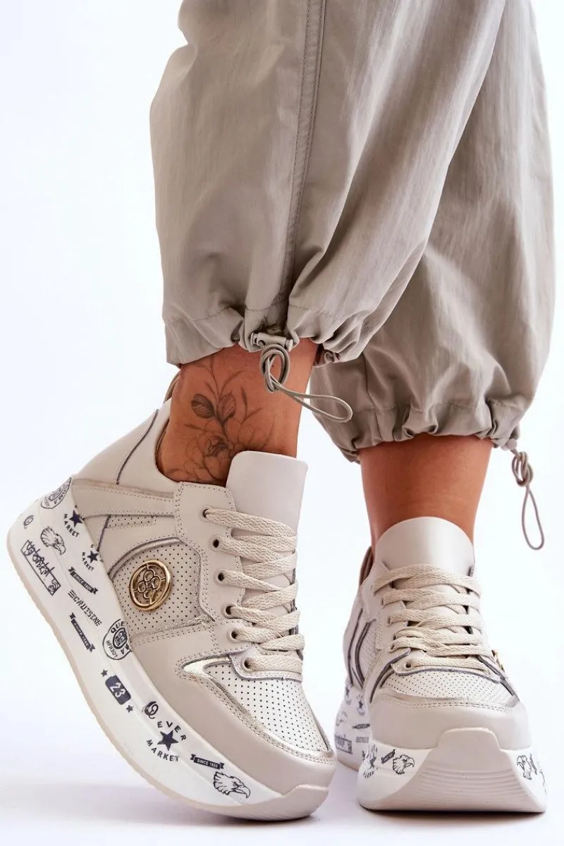 Sneakersy Damskie>Evento Damskie Skórzane Sneakersy Na Masywnej Platformie Beżowe Asturia