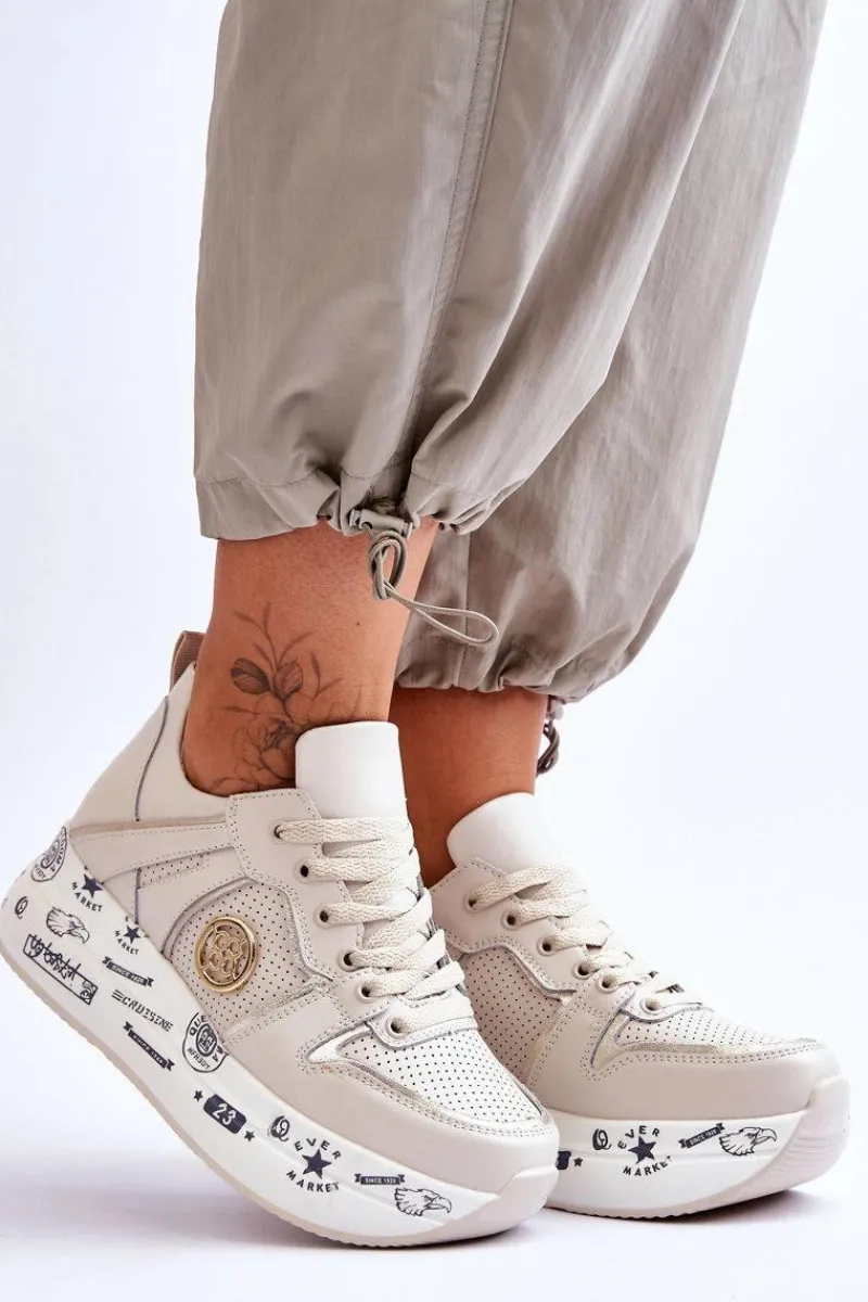 Sneakersy Damskie>Evento Damskie Skórzane Sneakersy Na Masywnej Platformie Beżowe Asturia