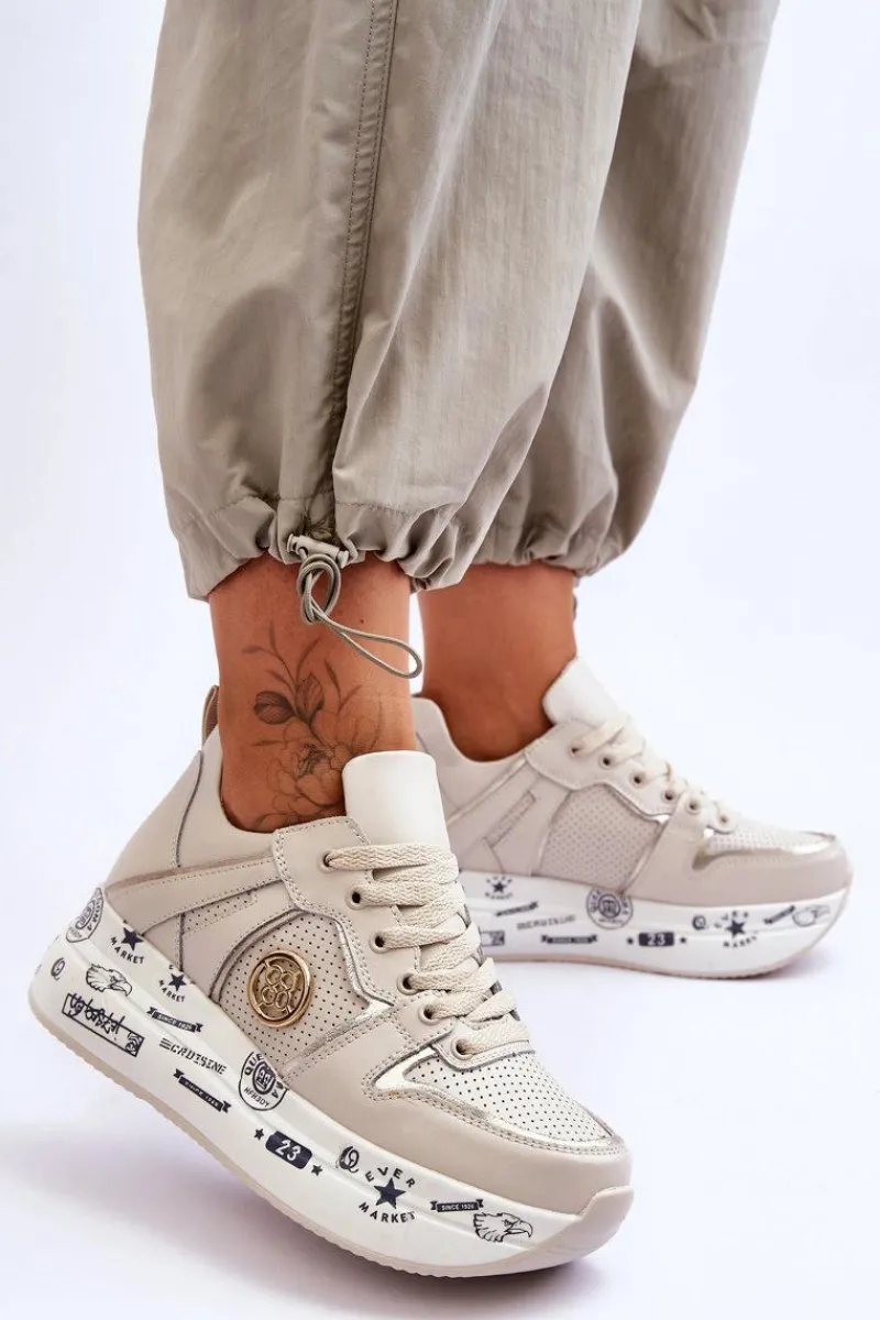Sneakersy Damskie>Evento Damskie Skórzane Sneakersy Na Masywnej Platformie Beżowe Asturia