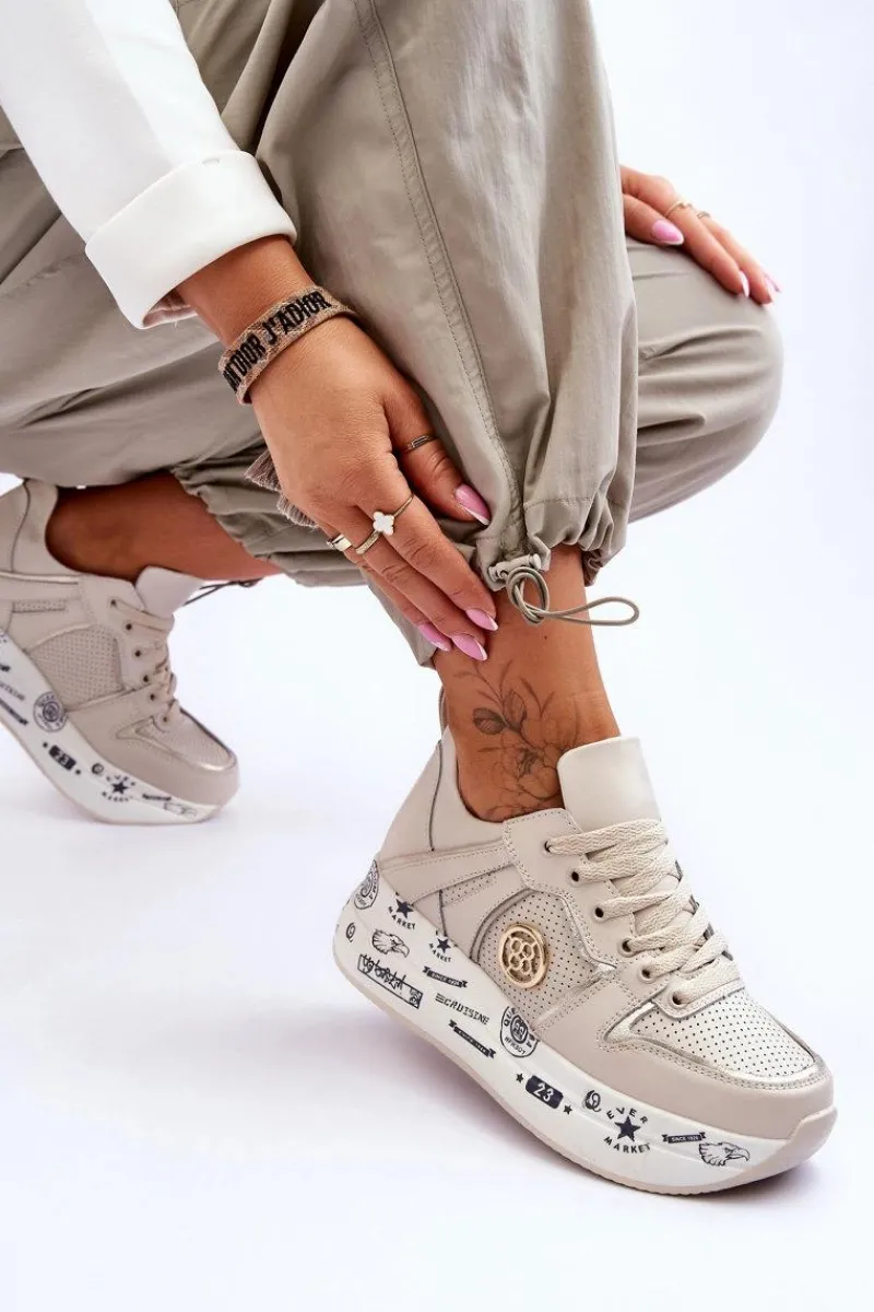 Sneakersy Damskie>Evento Damskie Skórzane Sneakersy Na Masywnej Platformie Beżowe Asturia