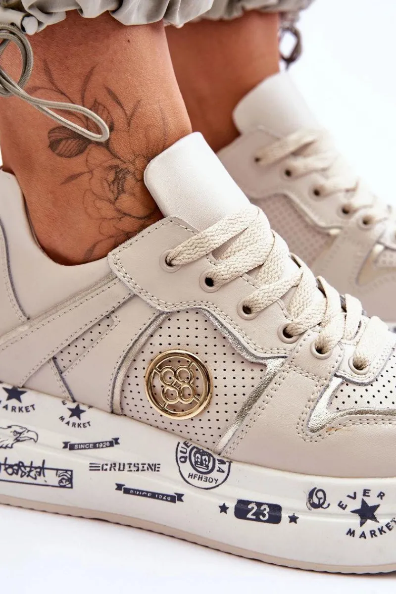 Sneakersy Damskie>Evento Damskie Skórzane Sneakersy Na Masywnej Platformie Beżowe Asturia