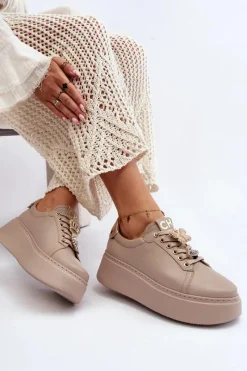 Sale Damskie Skórzane Sneakersy Z Ozdobami 4292 Beżowe Damskie Buty Sportowe Na Platformie