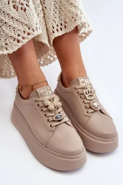 Sale Damskie Skórzane Sneakersy Z Ozdobami 4292 Beżowe Damskie Buty Sportowe Na Platformie