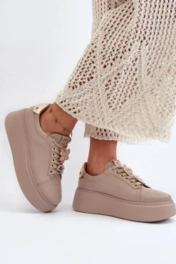 Sale Damskie Skórzane Sneakersy Z Ozdobami 4292 Beżowe Damskie Buty Sportowe Na Platformie