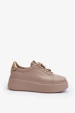 Sale Damskie Skórzane Sneakersy Z Ozdobami 4292 Beżowe Damskie Buty Sportowe Na Platformie