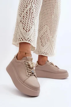 Sale Damskie Skórzane Sneakersy Z Ozdobami 4292 Beżowe Damskie Buty Sportowe Na Platformie
