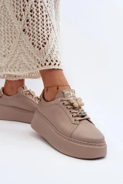 Sale Damskie Skórzane Sneakersy Z Ozdobami 4292 Beżowe Damskie Buty Sportowe Na Platformie