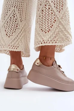 Sale Damskie Skórzane Sneakersy Z Ozdobami 4292 Beżowe Damskie Buty Sportowe Na Platformie