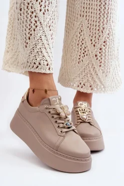 Sale Damskie Skórzane Sneakersy Z Ozdobami 4292 Beżowe Damskie Buty Sportowe Na Platformie
