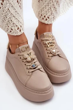 Sale Damskie Skórzane Sneakersy Z Ozdobami 4292 Beżowe Damskie Buty Sportowe Na Platformie