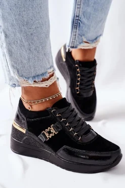 Sneakersy Damskie>Damskie buty S.Barski Damskie Skórzane Sneakersy Na Koturnie Czarne Montessori