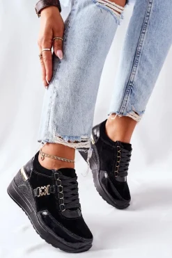 Sneakersy Damskie>Damskie buty S.Barski Damskie Skórzane Sneakersy Na Koturnie Czarne Montessori