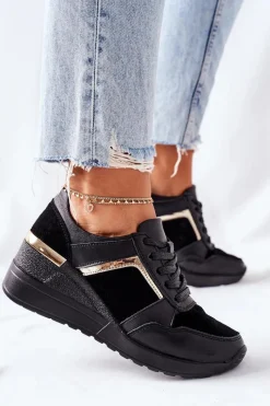 Damskie buty S.Barski Damskie Skórzane Sneakersy Na Koturnie Czarne Manitoba