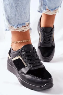 Damskie buty S.Barski Damskie Skórzane Sneakersy Na Koturnie Czarne Manitoba