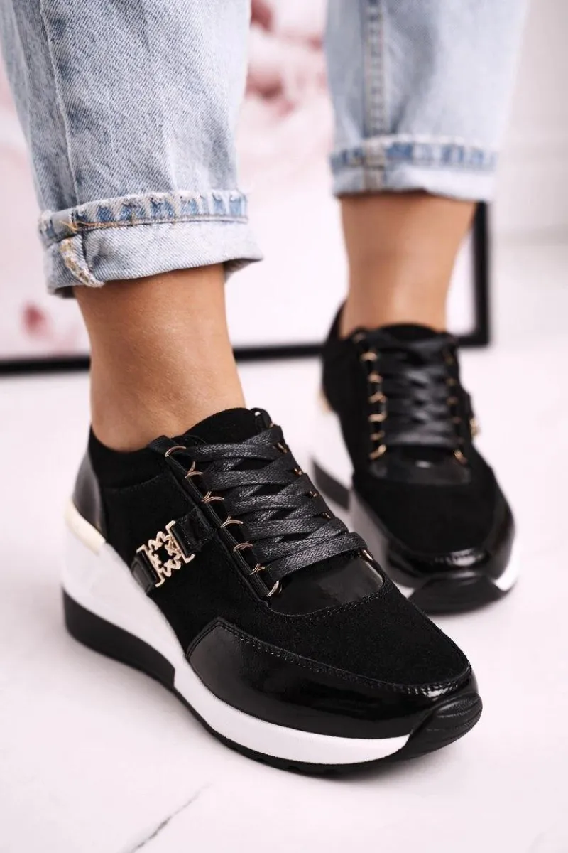 New Damskie buty S.Barski Damskie Skórzane Sneakersy Na Koturnie Czarne Złote Roxette