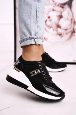 New Damskie buty S.Barski Damskie Skórzane Sneakersy Na Koturnie Czarne Złote Roxette