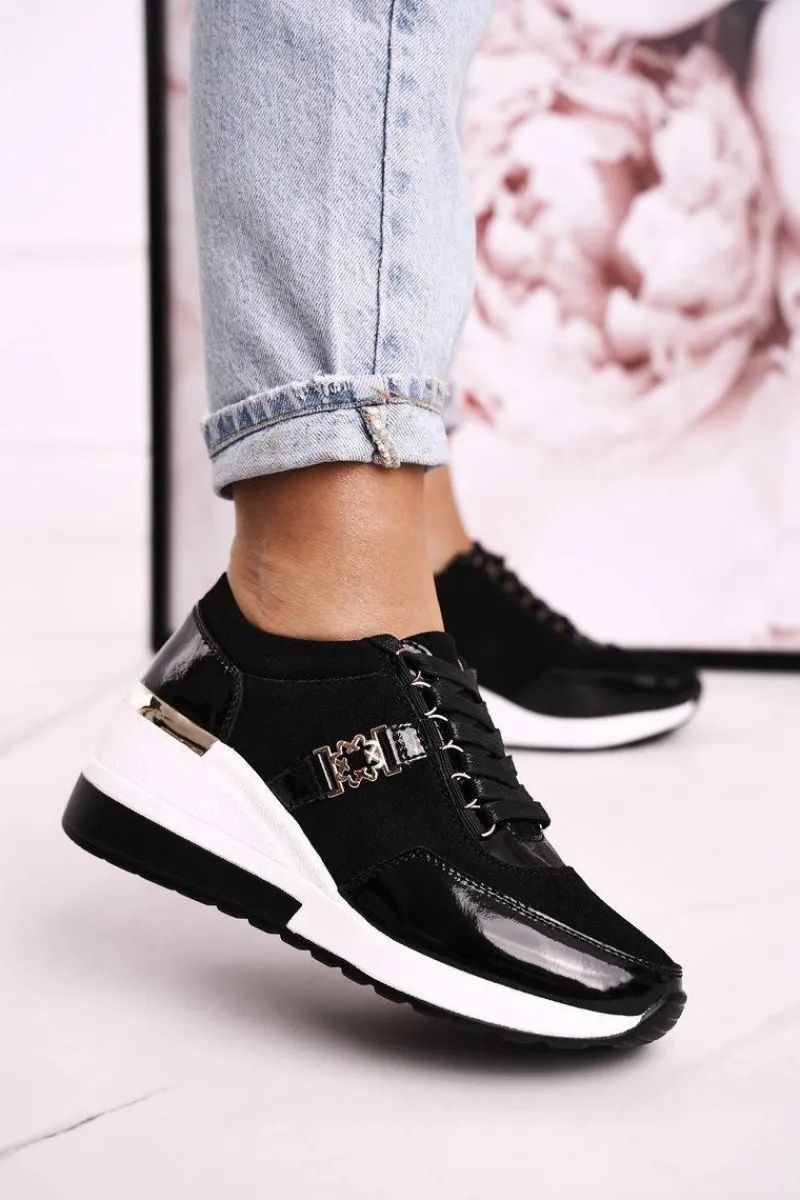 New Damskie buty S.Barski Damskie Skórzane Sneakersy Na Koturnie Czarne Złote Roxette