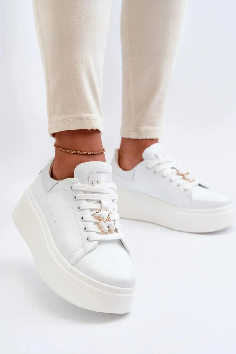 Sneakersy Damskie>Buty damskie Vinceza Damskie Skórzane Sneakersy Na Platformie Z Misiem Białe Vinceza 66641