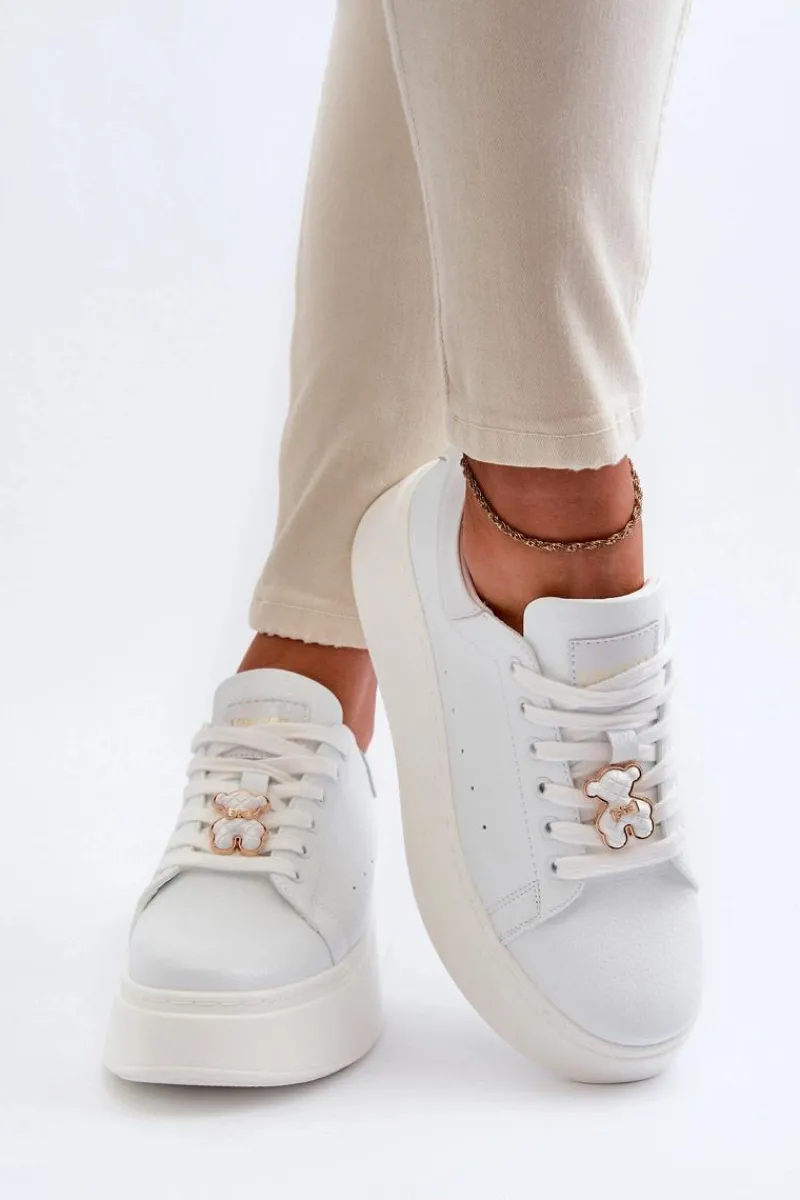 Sneakersy Damskie>Buty damskie Vinceza Damskie Skórzane Sneakersy Na Platformie Z Misiem Białe Vinceza 66641