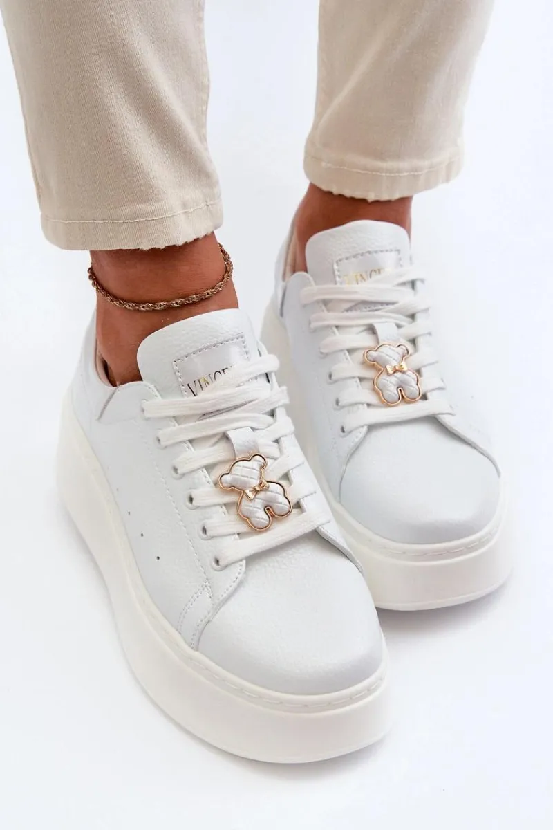 Sneakersy Damskie>Buty damskie Vinceza Damskie Skórzane Sneakersy Na Platformie Z Misiem Białe Vinceza 66641
