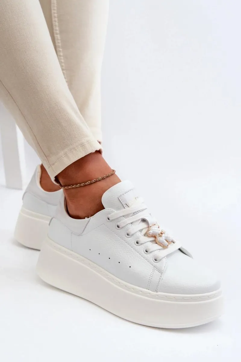 Sneakersy Damskie>Buty damskie Vinceza Damskie Skórzane Sneakersy Na Platformie Z Misiem Białe Vinceza 66641