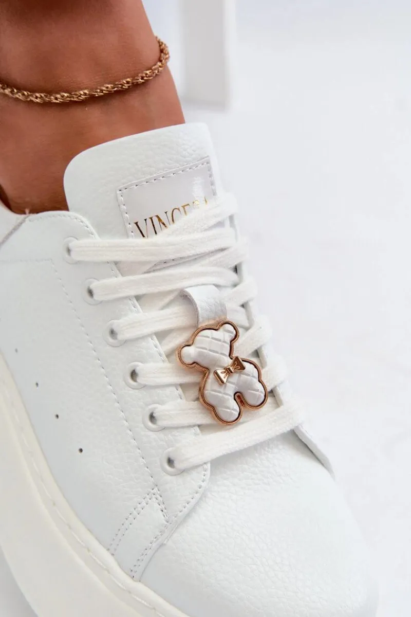 Sneakersy Damskie>Buty damskie Vinceza Damskie Skórzane Sneakersy Na Platformie Z Misiem Białe Vinceza 66641