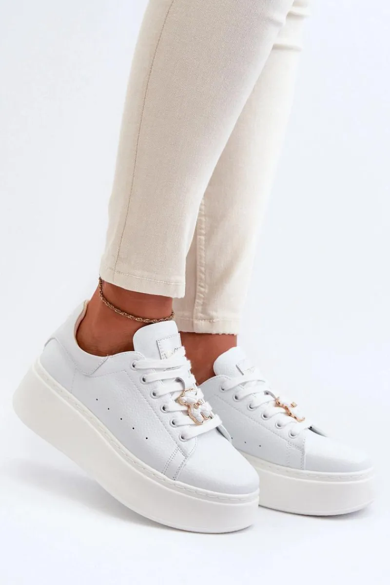 Sneakersy Damskie>Buty damskie Vinceza Damskie Skórzane Sneakersy Na Platformie Z Misiem Białe Vinceza 66641