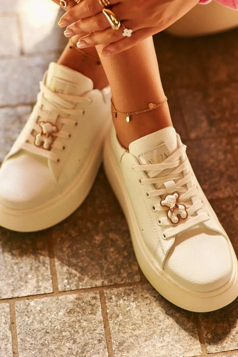 Sneakersy Damskie>Buty damskie Vinceza Damskie Skórzane Sneakersy Na Platformie Z Misiem Białe Vinceza 66641