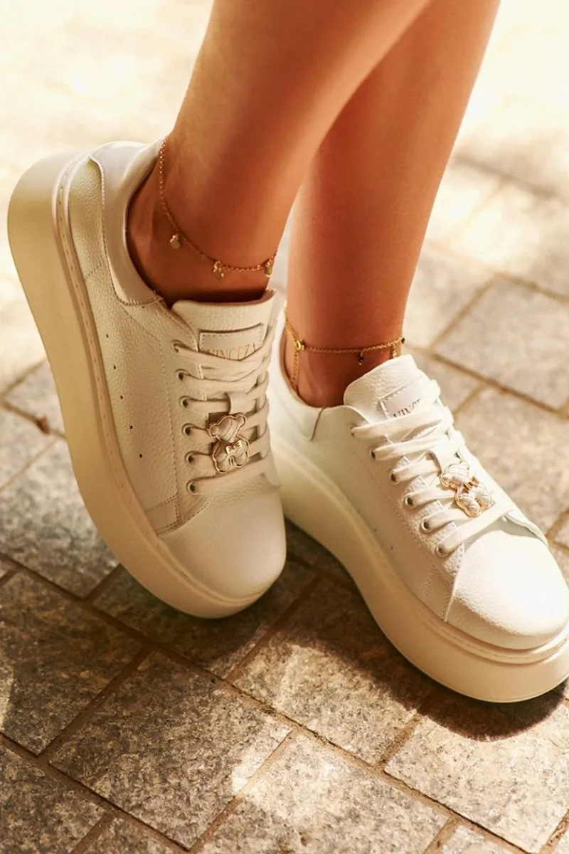 Sneakersy Damskie>Buty damskie Vinceza Damskie Skórzane Sneakersy Na Platformie Z Misiem Białe Vinceza 66641