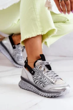 Sneakersy Damskie>Maciejka Damskie Skórzane Sneakersy 04916-03 Szare