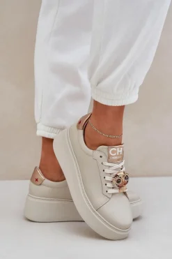 Clearance Damskie Skórzane Sneakersy 4411 Jasnobeżowe Damskie Buty Sportowe Na Platformie
