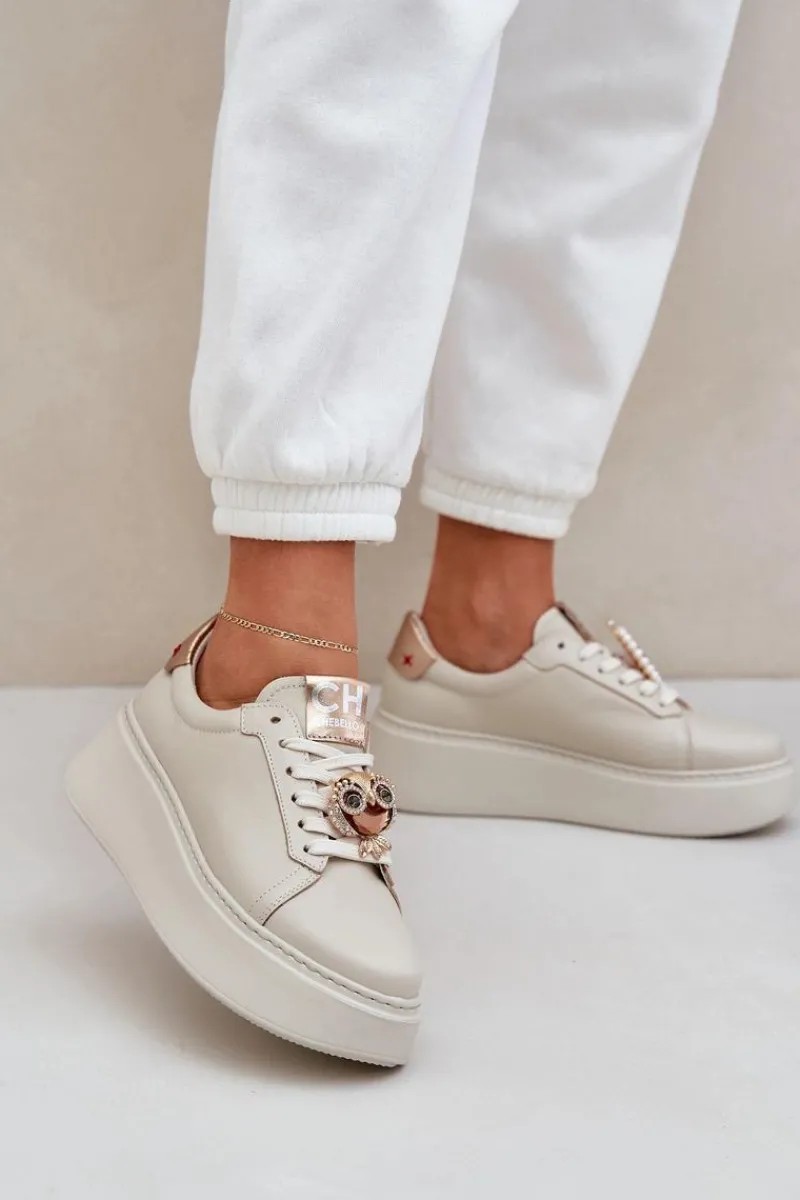 Clearance Damskie Skórzane Sneakersy 4411 Jasnobeżowe Damskie Buty Sportowe Na Platformie