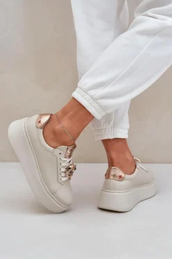 Clearance Damskie Skórzane Sneakersy 4411 Jasnobeżowe Damskie Buty Sportowe Na Platformie
